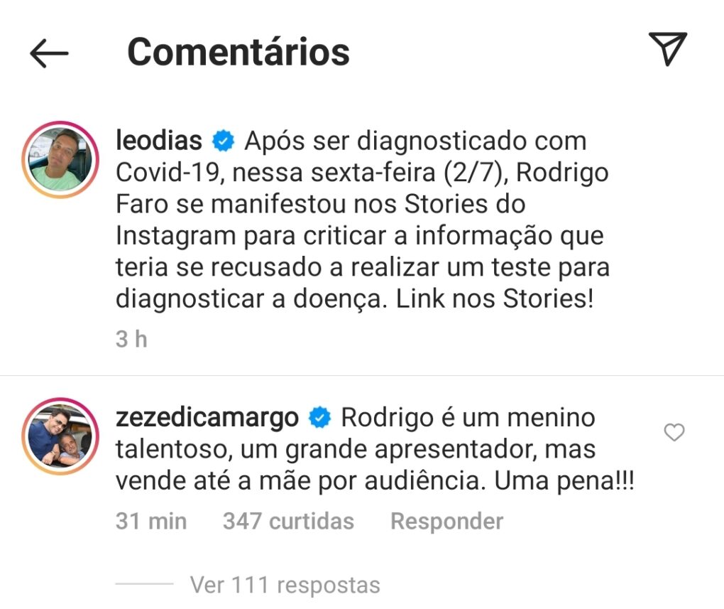 Zezé critica Rodrigo Faro (Foto: Reprodução)