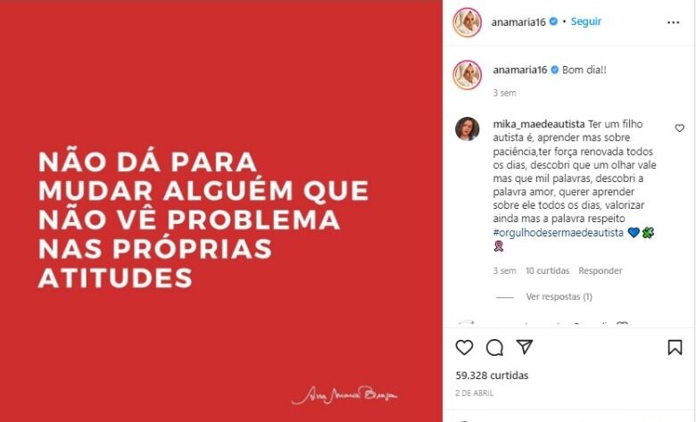 Post de Ana Maria Braga nas redes sociais (Foto: Reprodução/Instagram)