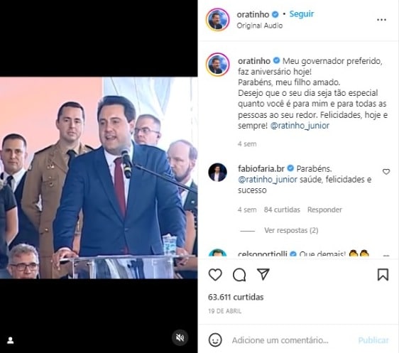 Post de Ratinho para o filho nas redes sociais (Foto: Reprodução/Instagram)