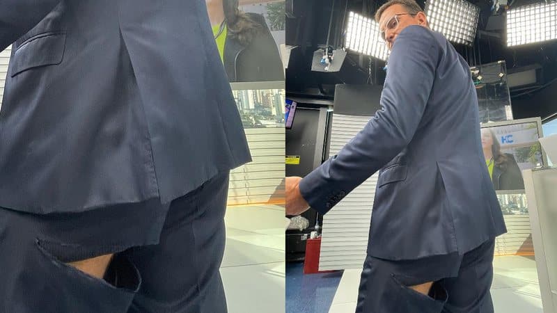 O famoso âncora do Bom Dia São Paulo da Globo, Rodrigo Bocardi chamou atenção dos internautas ao mostrar sua calça rasgada (Foto: Reprodução)