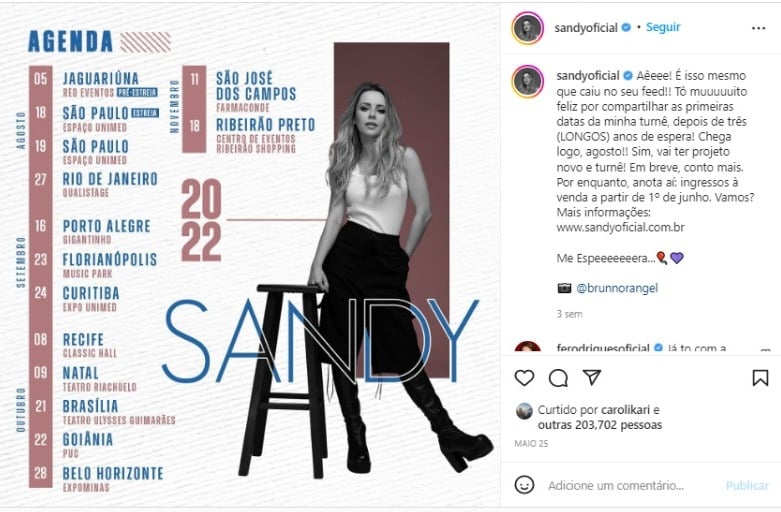 Sandy anuncia nas redes sociais nova turnê solo após isolamento social e divulga datas de show até novembro (Foto: Reprodução/Instagram)