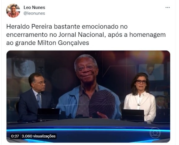 Heraldo Pereira e Renata Vasconcellos falam sobre a perda irreparável de Milton Gonçalves, no Jornal Nacional (Foto: Reprodução/Twitter)