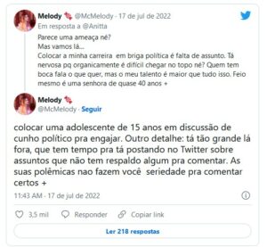 Melody fez questão de responder as provocações de Lula (Foto: Reprodução / Twitter)