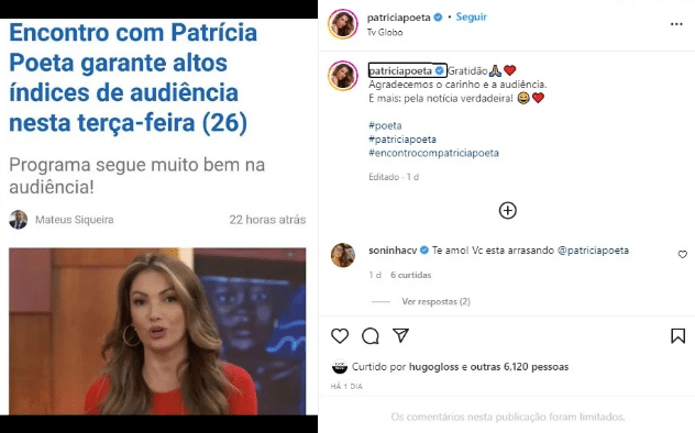 A famosa apresentadora do Encontro, Patrícia Poeta se posiciona ao ser atacada pelo público da Globo (Foto: Reprodução)