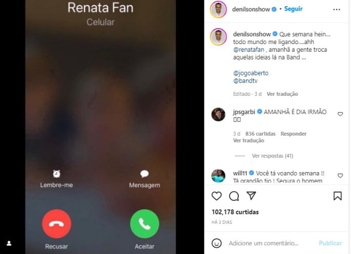 Denílson escancara ligação de Renata Fan (Foto: Reprodução/Instagram)