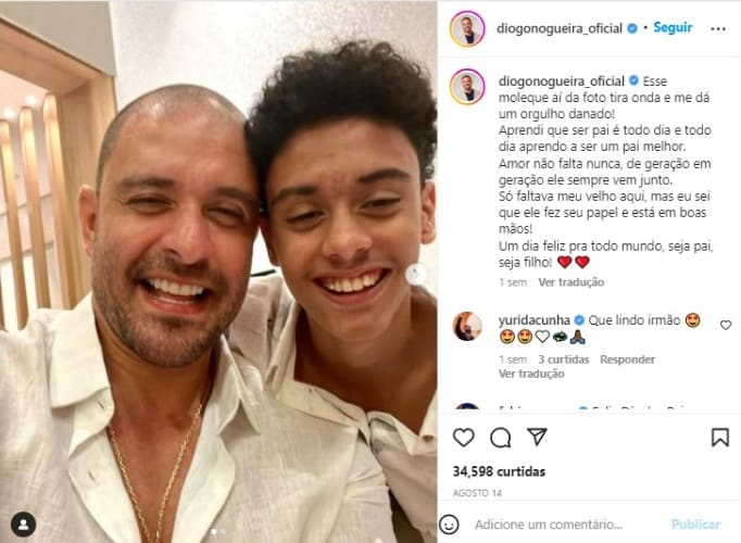 Diogo Nogueira e Davi, seu filho de 15 anos, no Dia dos Pais (Foto: Reprodução/Instagram)