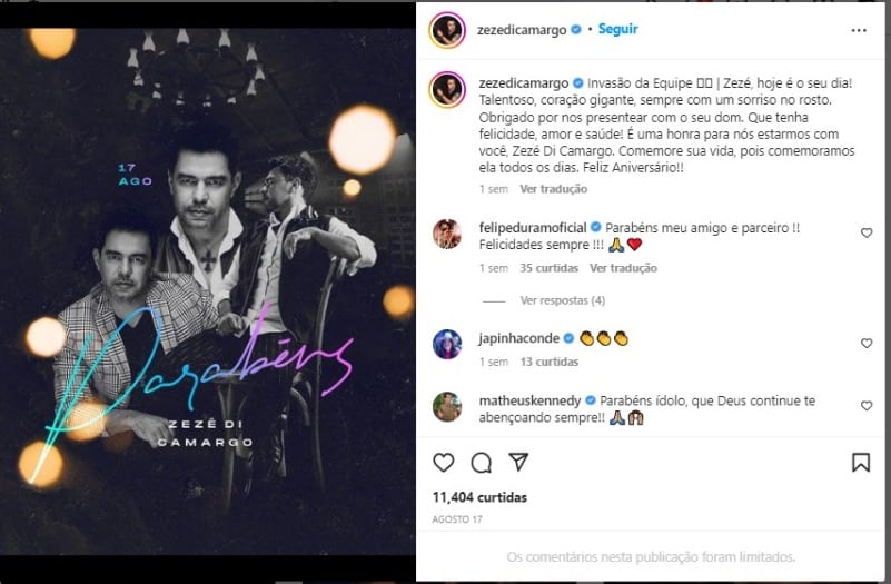 Equipe de Zezé di Camargo invade seu Instagram (Foto: Reprodução)