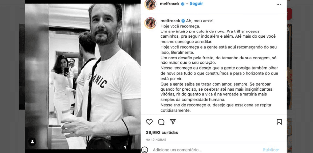O famoso ex-ator da Globo recebeu uma declaração de amor de sua esposa, Mel Fronckowiak nas redes sociais (Foto: Reprodução)