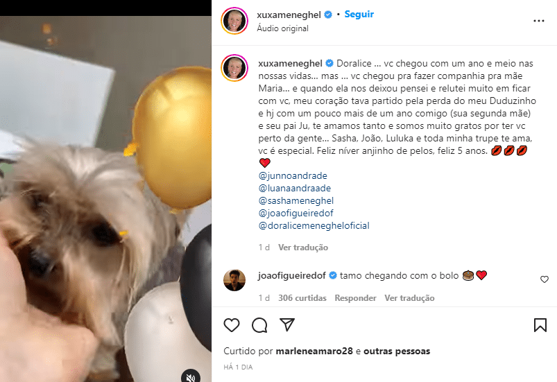 A famosa apresentadora da Globo agradeceu sua cachorrinha, Doralice nas redes sociais (Foto: Reprodução)
