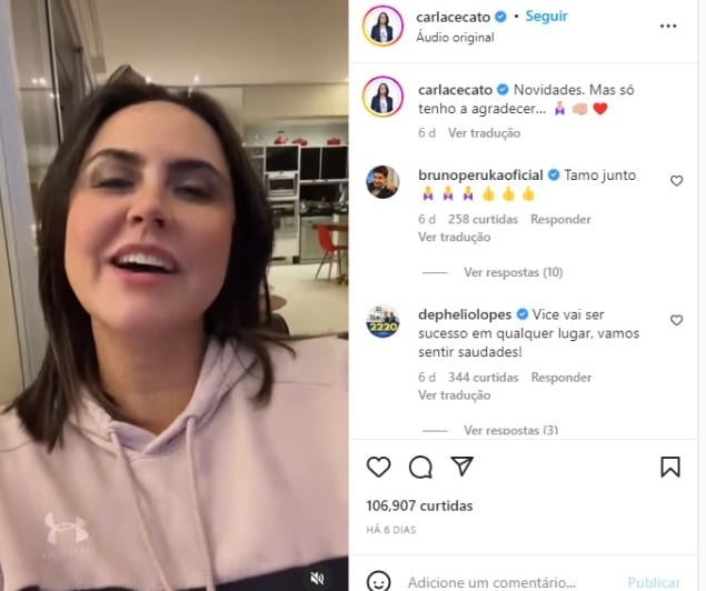 Devido a questões contratuais, Carla Cecato decide sair da Jovem Pan e faz anúncio nas redes sociais (Foto: Reprodução/Instagram)