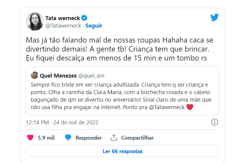 Resposta de Tata Werneck no Twitter (Foto Reprodução/Twitter))
