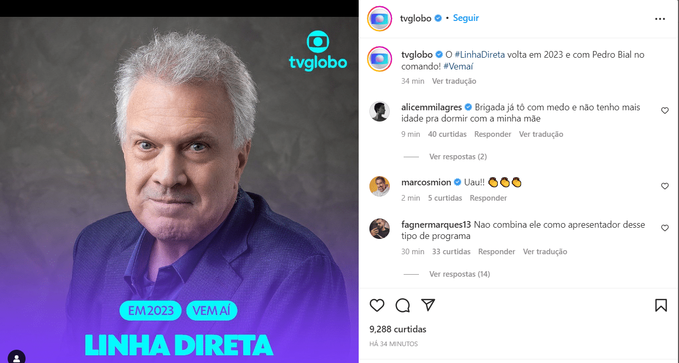 Globo oficializou a volta do "Linha Direta" em 2023, com Pedro Bial como apresentador (Foto Reprodução/Instagram)