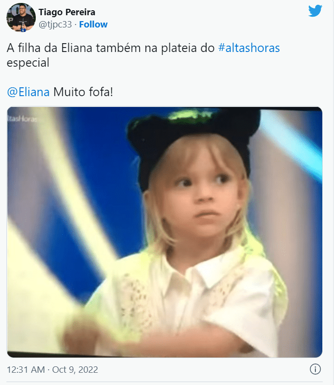 Internautas também reagem sobre a participaçção da filha da Eliana no "Altas Horas" da Globo (Foto Reprodução/Twitter)