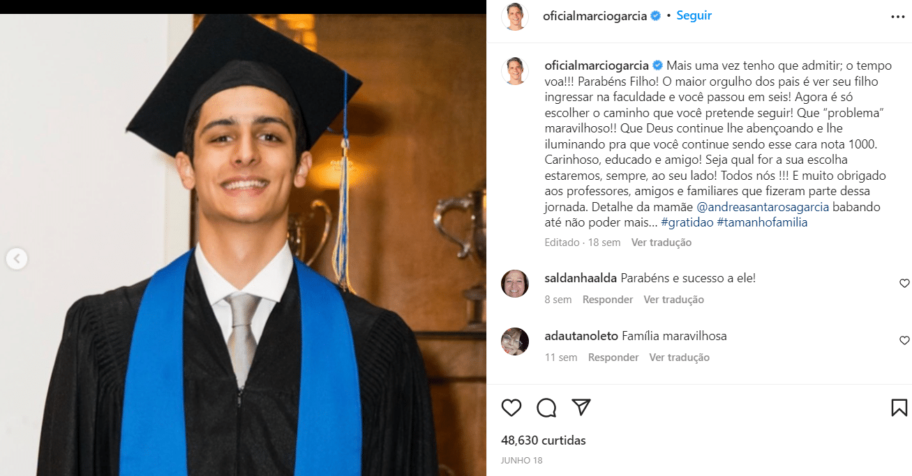 Márcio Garcia se orgulha do filho em suas redes sociais (Foto Reprodução/Instagram)