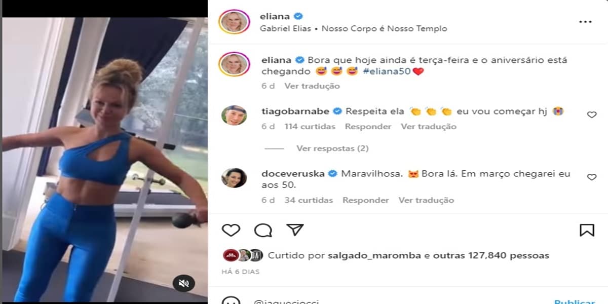 Eliana posta vídeo malhando perto de completar 50 anos (Imagem reprodução Instagram)