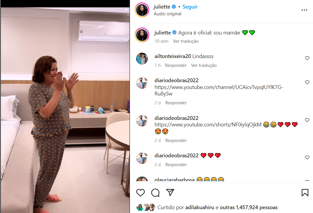 Juliette surpreendeu sua mãe e compartilhou momento nas redes sociais (Foto Reprodução/Instagram)