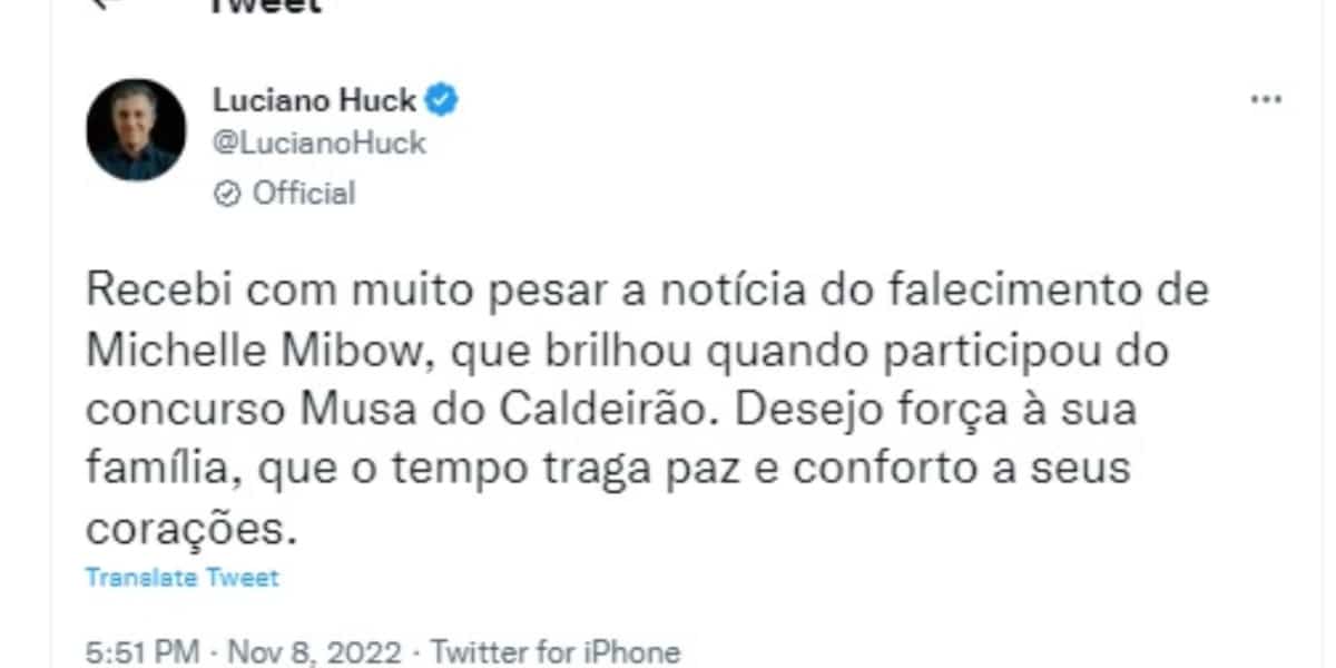 Luciano Huck lamenta a morte de Musa do Caldeirão (Imagem Reprodução Twitter)