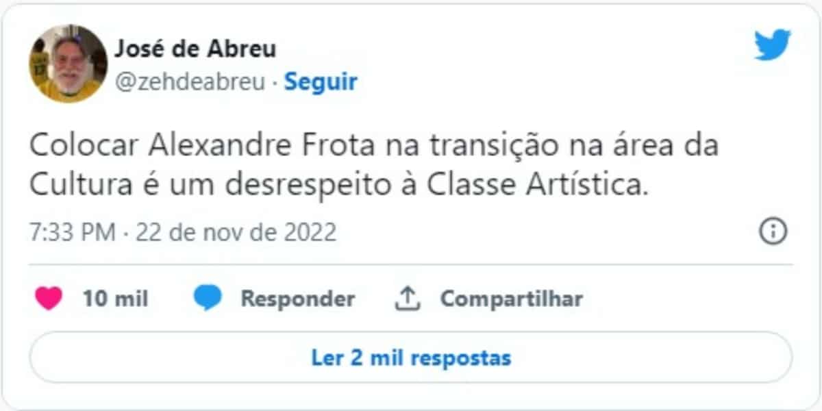 José de Abreu faz Tweet sobre Alexandre Frota na comissão de transição do governo (Foto Reprodução Internet)