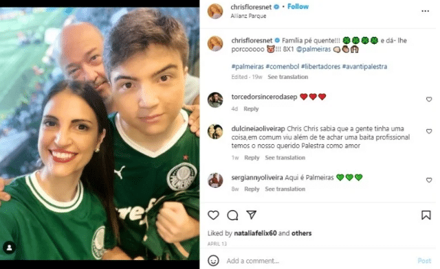 Chris Flores ao lado do marido e do filho em um jogo do Palmeiras (Foto: Reprodução/Instagram)