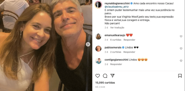 O famoso ex-ator da Globo compartilhou um clique ao lado da também atriz, Cláudia Abreu (Foto: Reprodução)