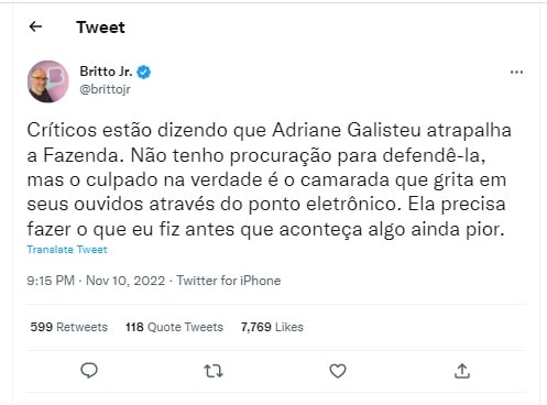 Twitter de Britto Junior defendendo Adriane Galisteu (Imagem Reprodução Twitter)