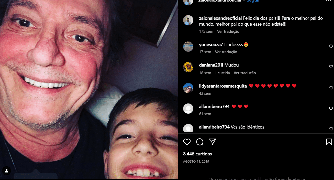 Postagem de Záion Alexandre para Fábio Jr quando ele tinha apenas 10 anos de idade (Foto Reprodução/Instagram)