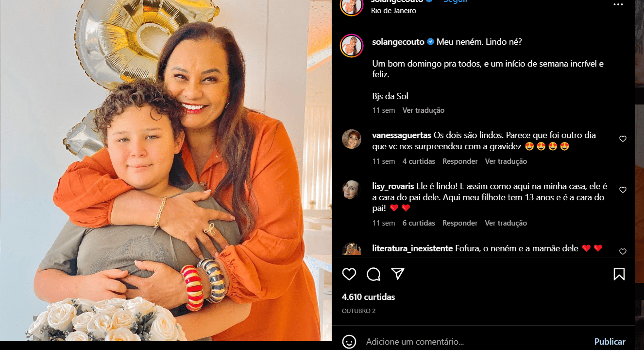 Publicação que Solange Couto fez em um clique raro com seu filho caçula (Foto Reprodução/Instagram)