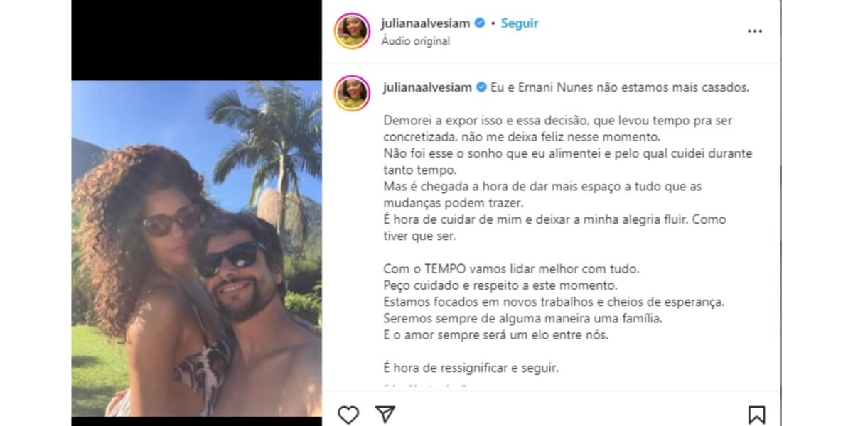 Juliana Alves comunica fim do casamento em sua rede social (Imagem Reprodução Instagram)