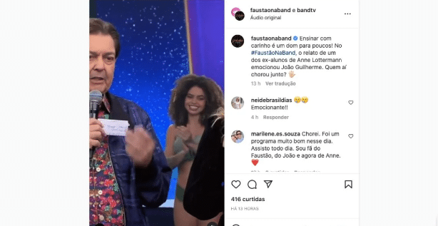 O famoso ex-apresentador da Globo mostrou relato impactante no Faustão na Band que emocionou João Guilherme e Anne (Foto: Reprodução)