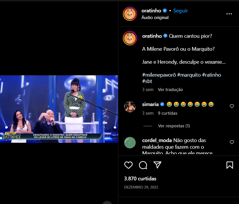 Publicação de Ratinho mostrando o momento no SBT nas redes sociais (Foto Reprodução/Instagram)