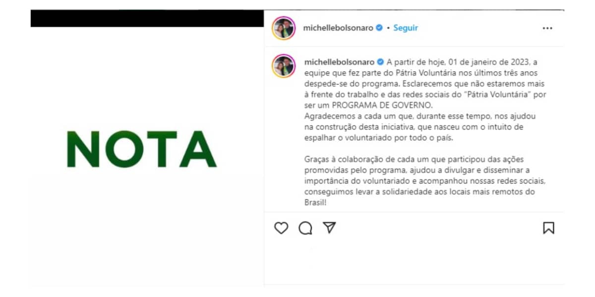 Michelle Bolsonaro faz texto de despedida em redes sociais (Imagem Reprodução Instagram)