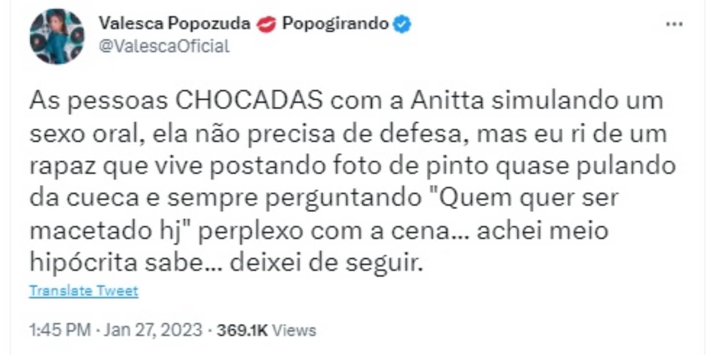 Valesca Popozuda sai em defesa de Anitta após cena de clipe vazar (Imagem Reprodução Twitter)