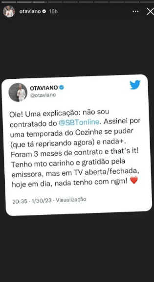 O famoso ex-ator da Globo, Otaviano Costa revelou que não tem contrato com o canal de Silvio Santos (Foto: Reprodução)