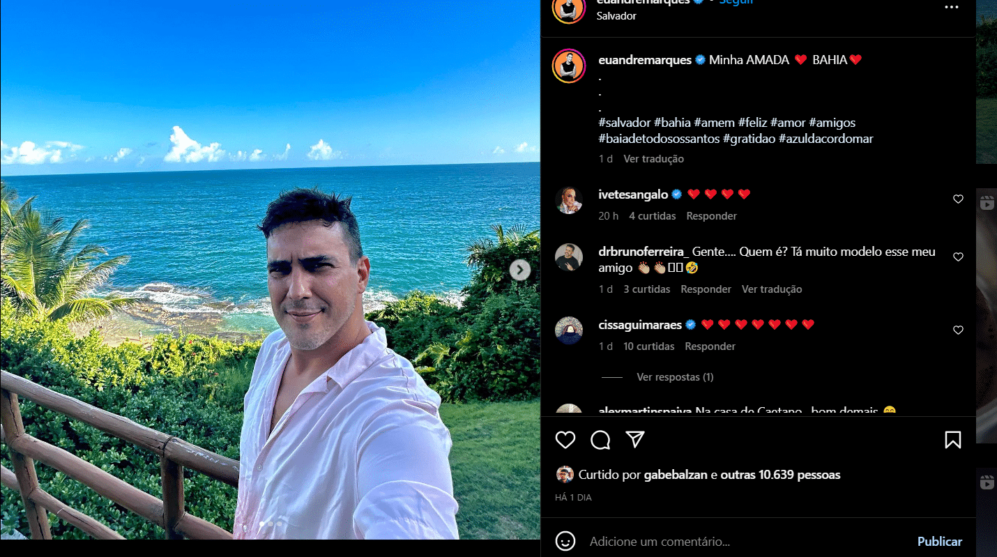 Última publicação do apresentador no Instagram curtindo o feriado na Bahia (Foto Reprodução/Instagram)