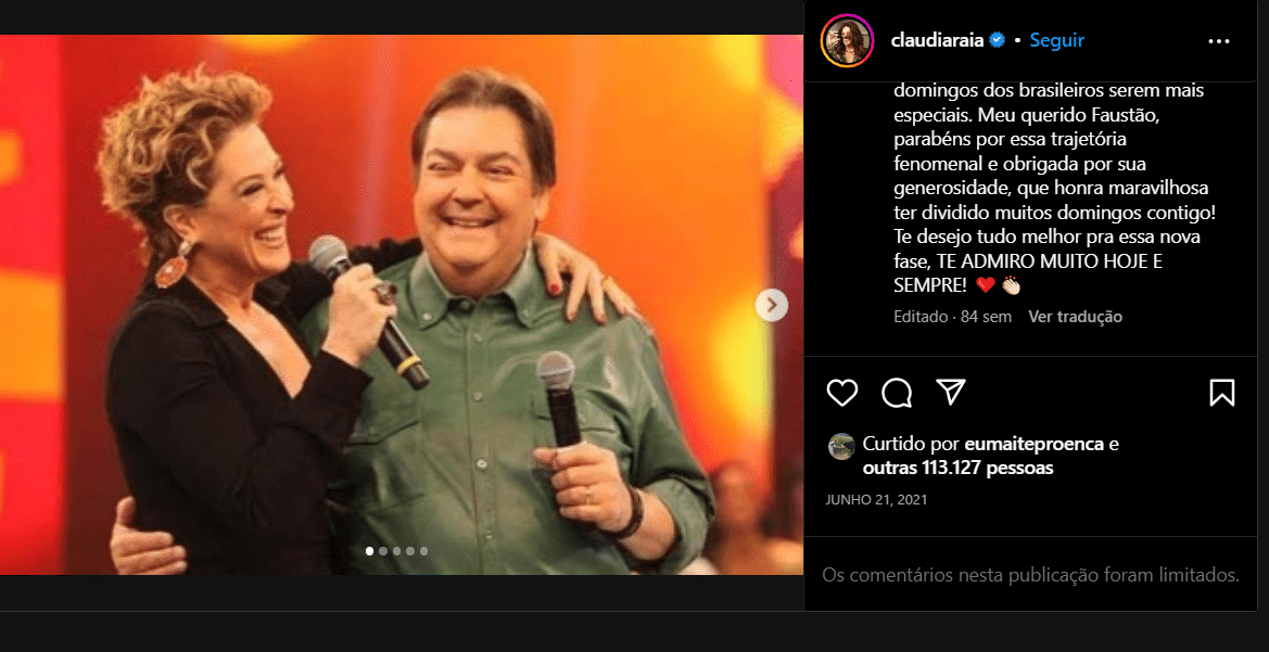 Publicação de Claudia Raia no ano de 2021 para Faustão (Foto Reprodução/Instagram)