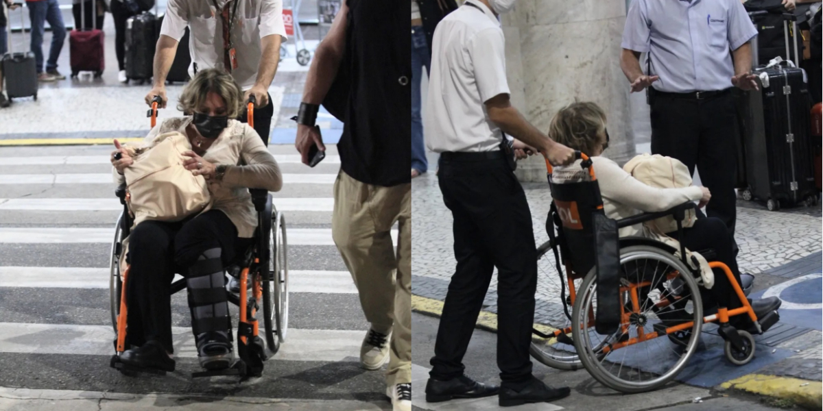 Susana Vieira desembarcou de cadeira de rodas em aeroporto do Rio de Janeiro (Imagem Reprodução Internet)