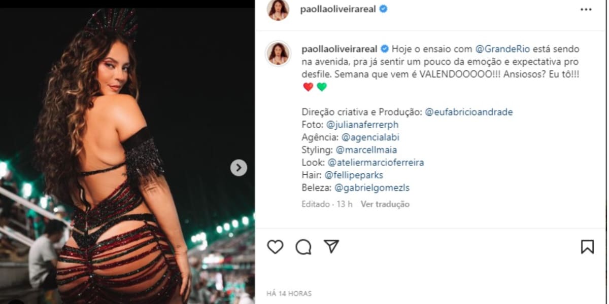 Paolla Oliveira causa nas redes sociais com beleza exuberante em ensaio de carnaval (Imagem Reprodução Internet)