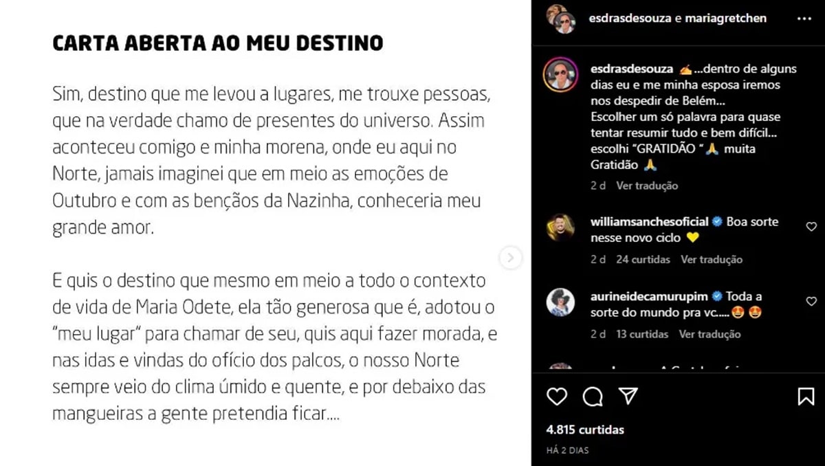 Esdras de Souza faz carta de despedida de sua cidade e confirma saída do Brasil