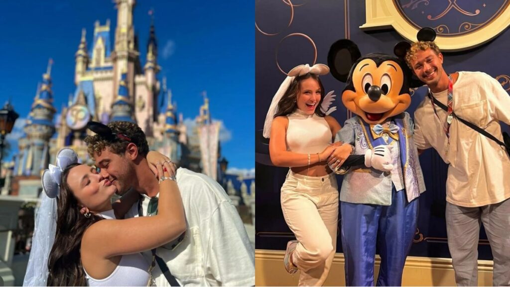 Larissa Manoela em foto com o seu noivo na Disney usando a orelhinha de noiva da Minnie (Imagem: Montagem)