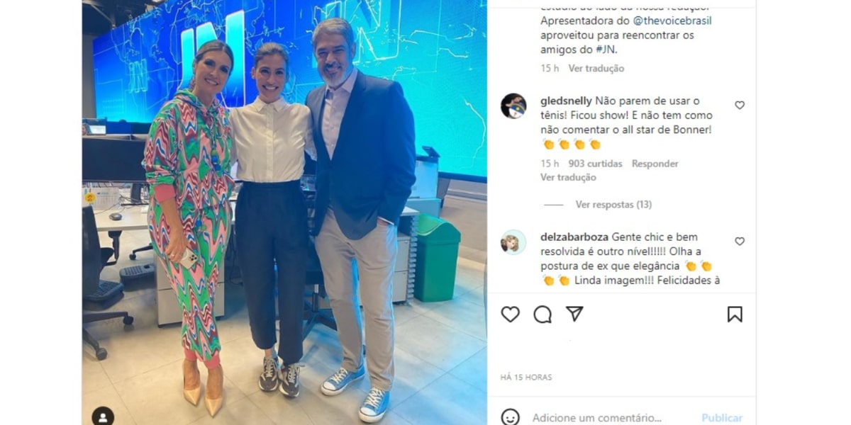 Fátima Bernardes, Renata Vasconcellos e William Bonner nos bastidores do Jornal Nacional (Imagem reprodução Instagram)