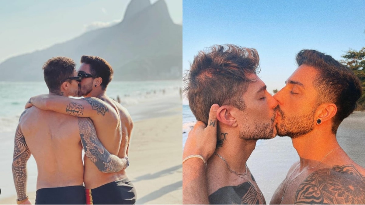O ex galã da Globo com o namorado em praia carioca se beijando 