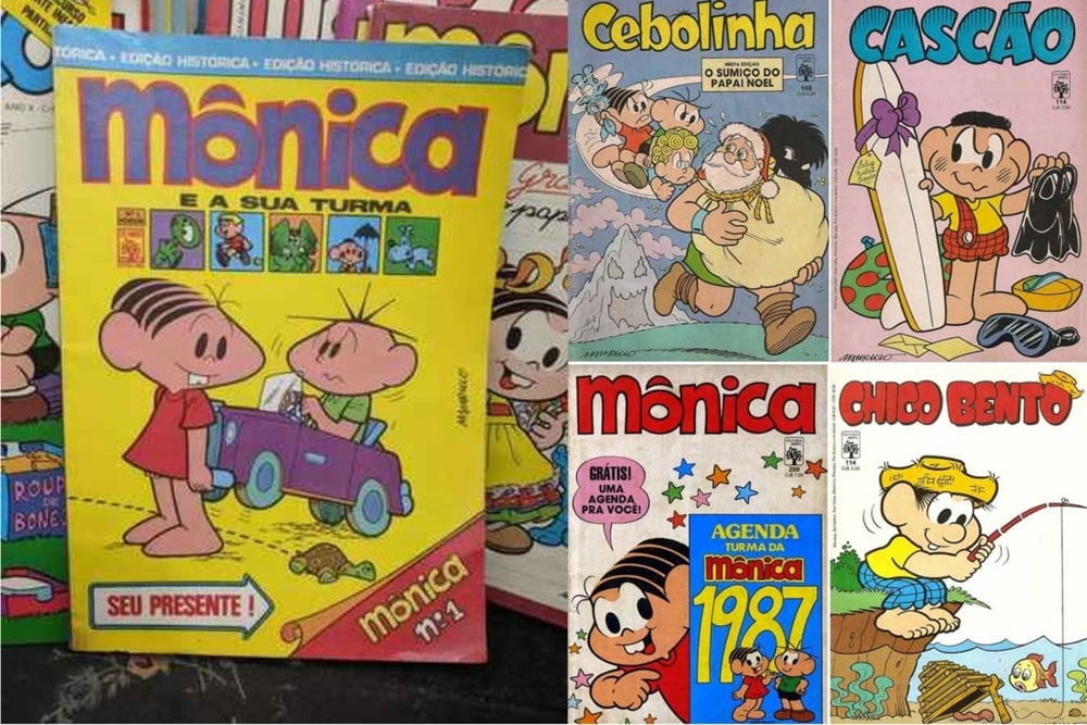 O primeiro gibi da Turma da Mônica, e ao lado, os quatro últimos gibis lançados pela Editora Abril 