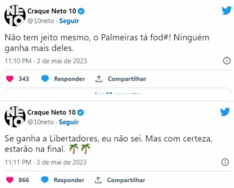 Craque Neto se rende ao Palmeiras nas redes sociais 