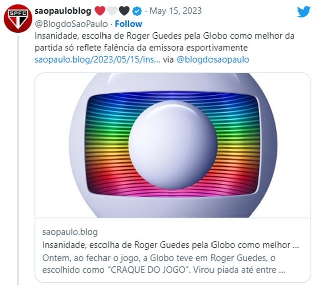 Blog de torcedores do São Paulo critica a TV Globo em eleição a craque do Corinthians que marcou pênalti (Foto: Reprodução/ Blog São Paulo/ Twitter)