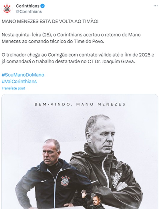 Anúncio da contratação do técnico Mano Menezes, nas redes sociais do Timão (Foto: Reprodução/ X, Twitter)