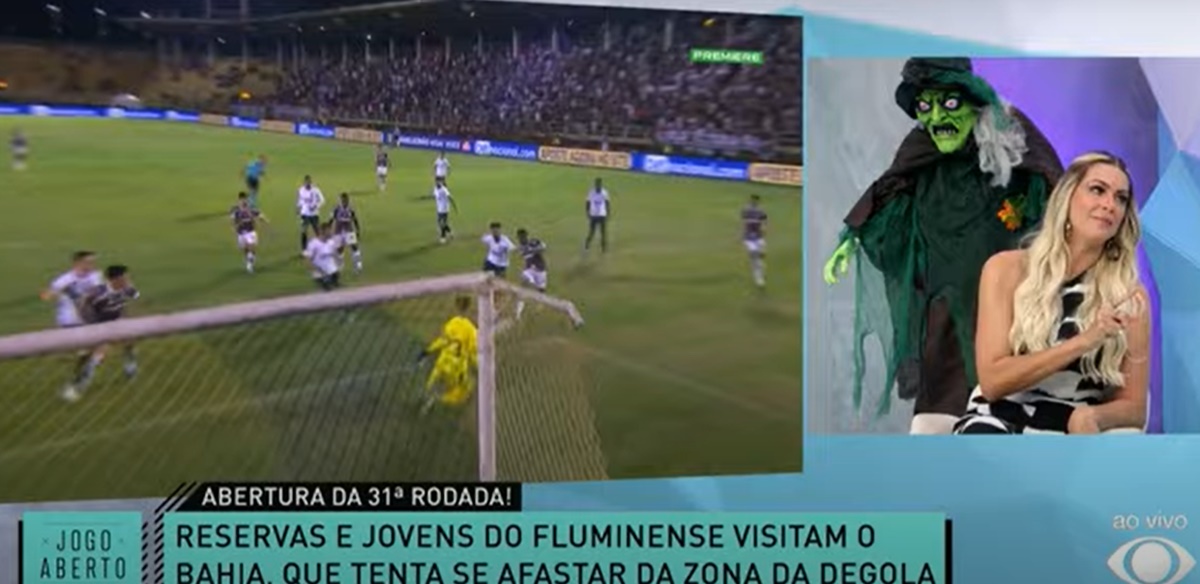 Renata Fan comenta do Fluminense e decisões de Fernando Diniz durante reportagem sobre o Bahia (Foto: Reprodução/ Jogo Aberto/ Band/ YouTube)